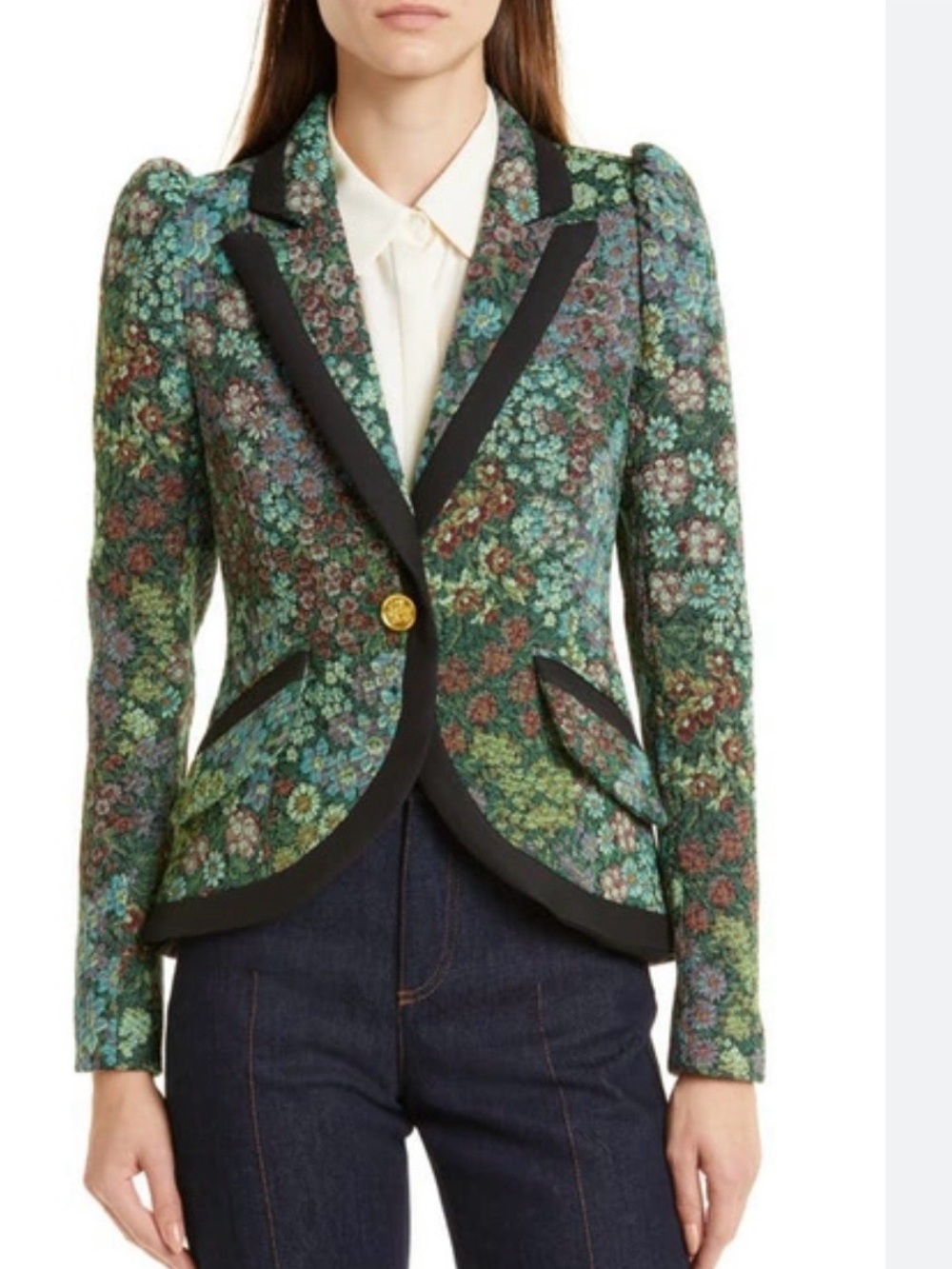 SMYTHE Taped Pouf Sleeve One Button Blazer in Jade Tapestry - 4